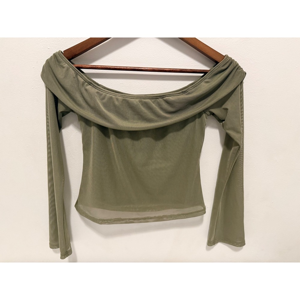 See You Monday Mesh Off Shoulder Top Womens Small Olive Green Flared Sleeve‎